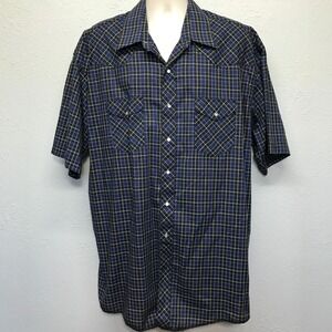 Wrangler Western Shirt Mens 3XL Blue Plaid Check 19 Neck Pearl Snap Short Sleeve